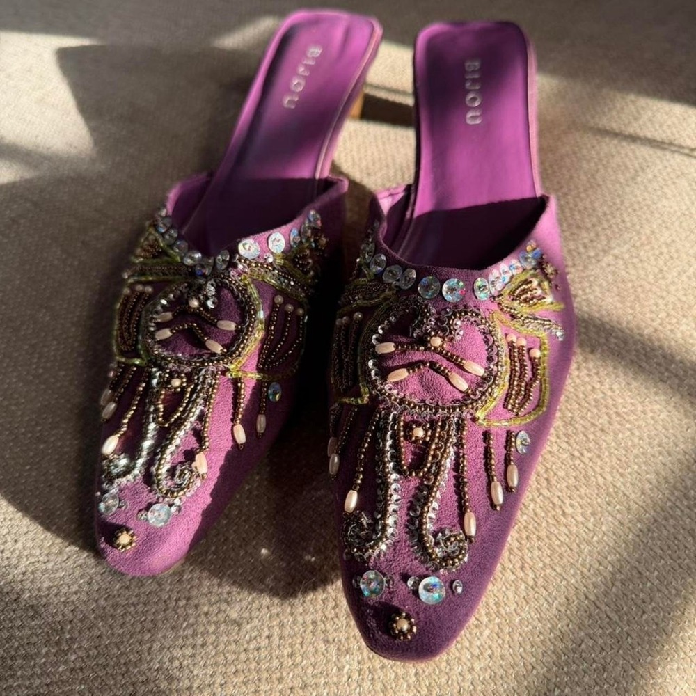 y2k whimsigoth embellished purple suede wedge mules size 8